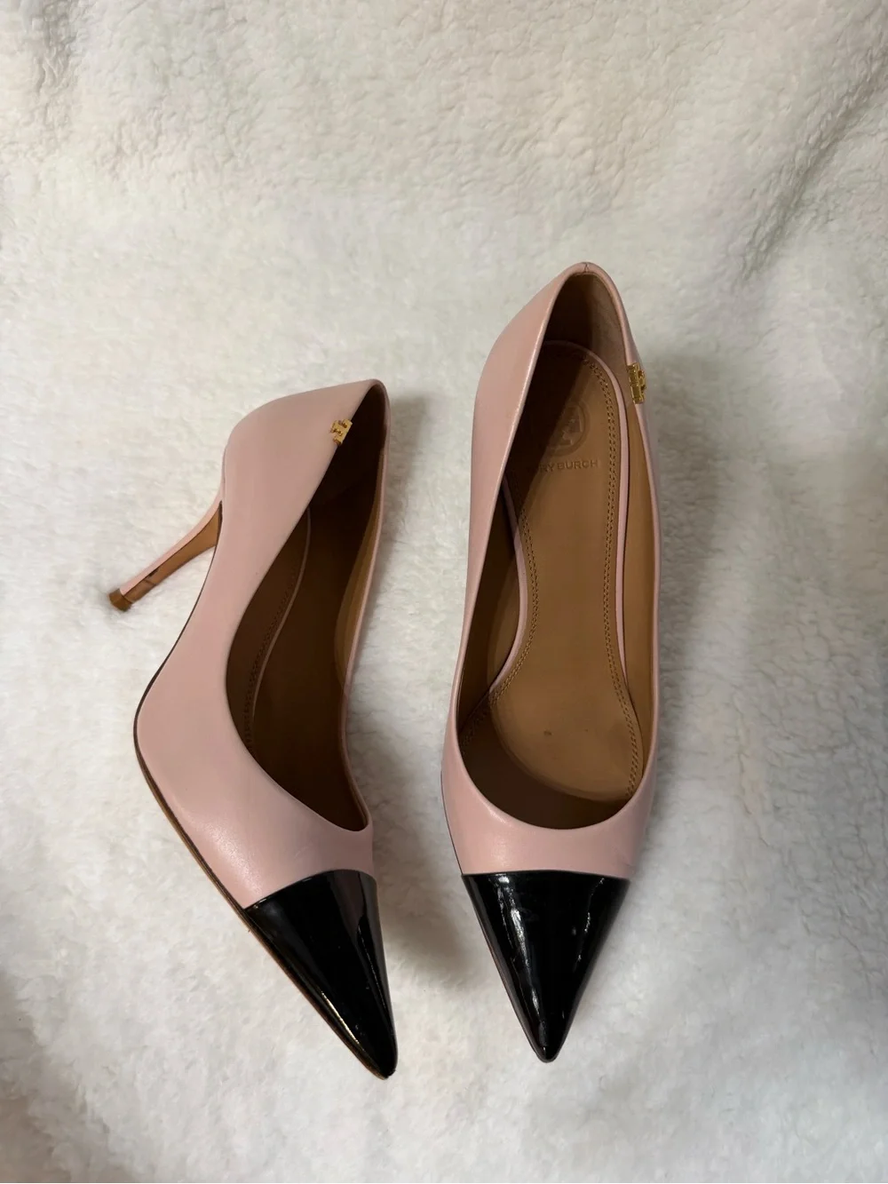 Tory Burch Pink Leather Pointed-Toe Pumps with Black Patent Cap